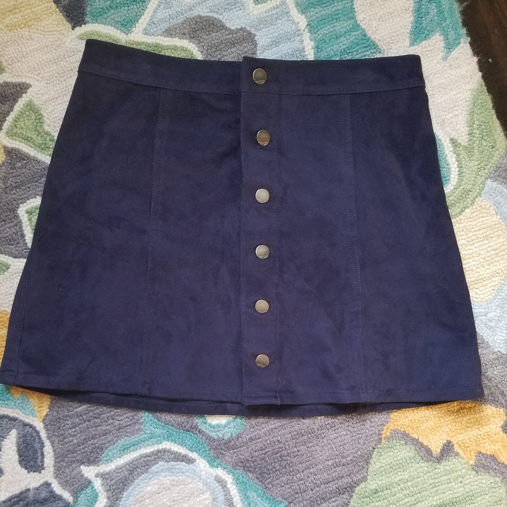 Navy Button Front Faux Suede A-Line Skirt